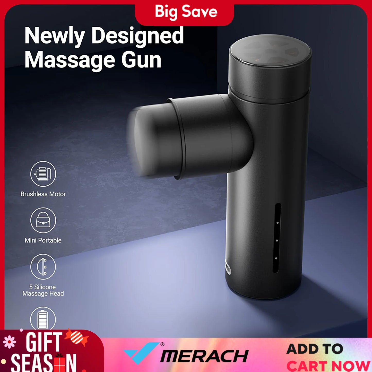 MERACH Mini Massage Gun with 8mm Amplitude, Percussion Massage Tools with 5 Massage Heads, Portable Hand Held Muscle Massagers