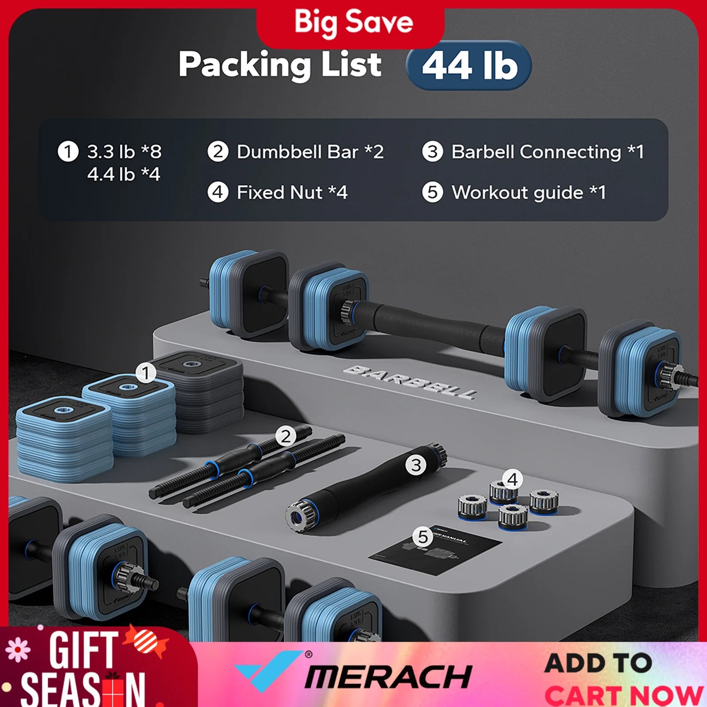 MERACH 3 in 1 Adjustable Dumbbell Weight Set 44lbs Free Weight Set with Connector Used as Dumbbell Barbell Push up Stand Fitness