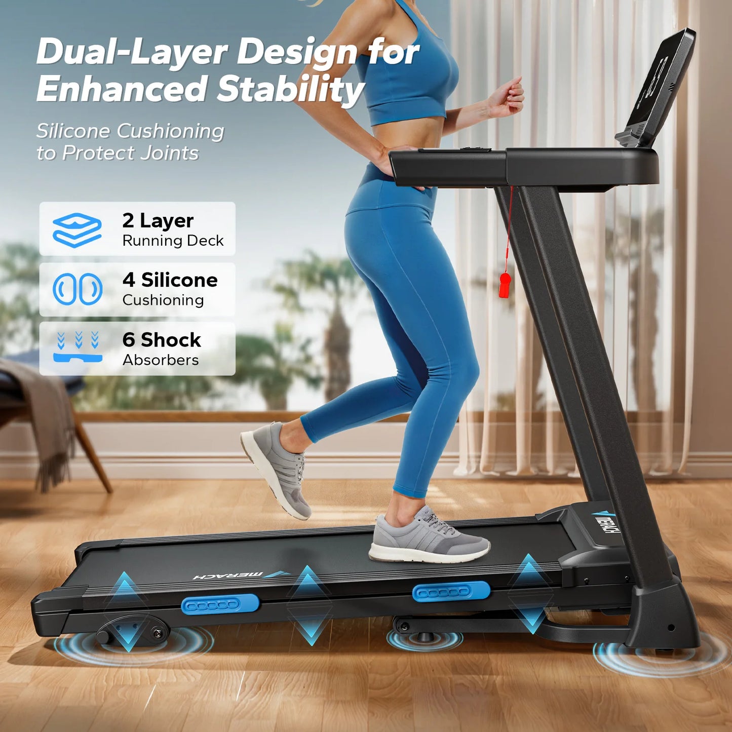 MERACH Foldable Treadmill with Incline Quiet Treadmills Double Deck Technology 4 Silicone Shock Cushion Heart Rate Monitoring